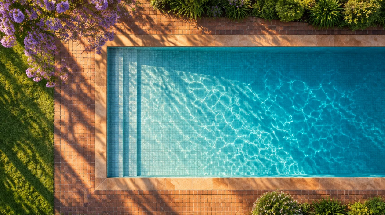 A swimming pool from above in a KwaZulu-Natal garden, a jacaranda in bloom at the corner